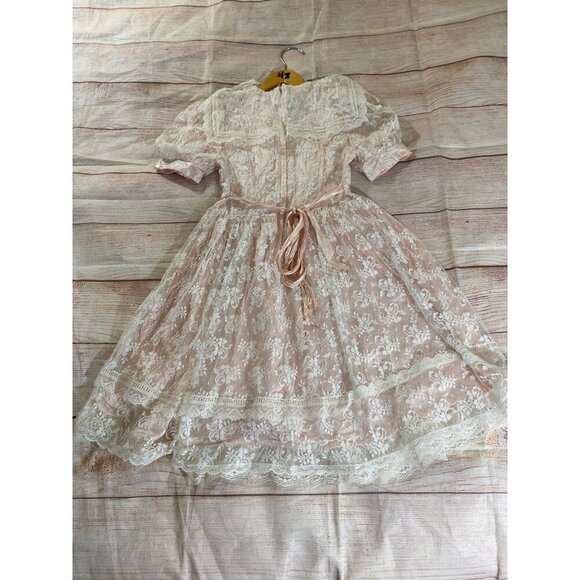 Vintage 80's Jessica McClintock Blush Pink Lace Short Sleeve Youth Dress - 8 - Picture 12 of 13